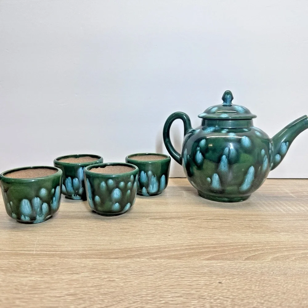 The Arkansas Stoneware Co Teapot Cup Set Green‎ Drip Glaze Studio Pottery